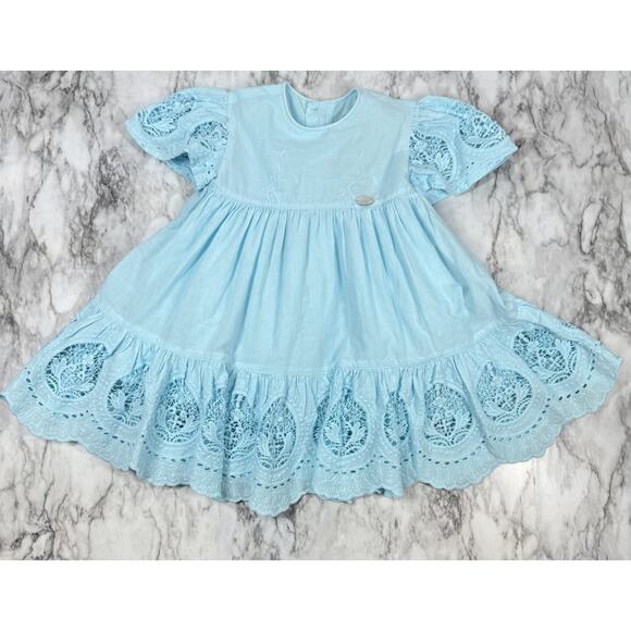 Jose Varon Toddler Dress Size 2 Blue Eyelet Lace 2T Layered Ruffles - Picture 1 of 8
